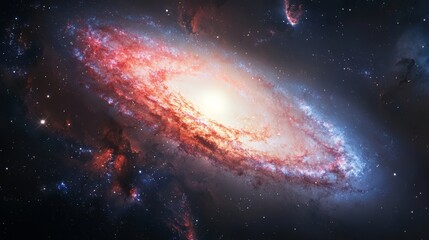 Obraz premium Bright core and star-rich spiral arms of a galaxy illuminated in dominant red and blue hues, showing cosmic depth.