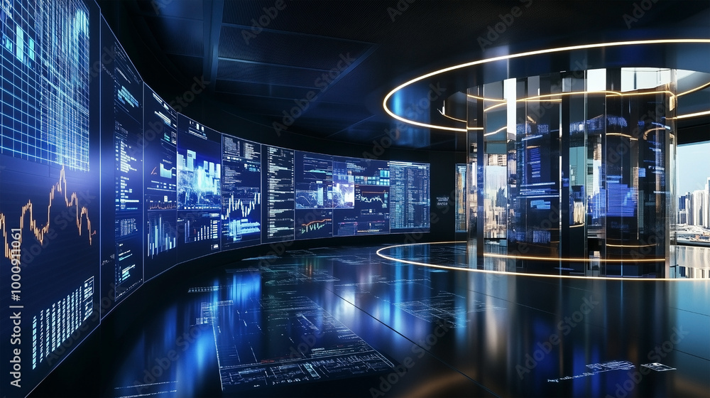 Aufkleber a large room with many screens showing different data