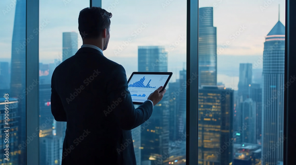 Poster a man in a suit is looking at a computer screen