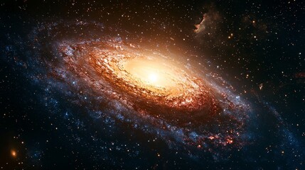 Obraz premium Bright core and star-rich spiral arms of a galaxy illuminated in dominant red and blue hues, showing cosmic depth.