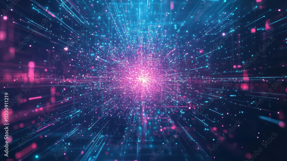 Poster data stream explosion, floating particles, neon glow, futuristic tech visuals