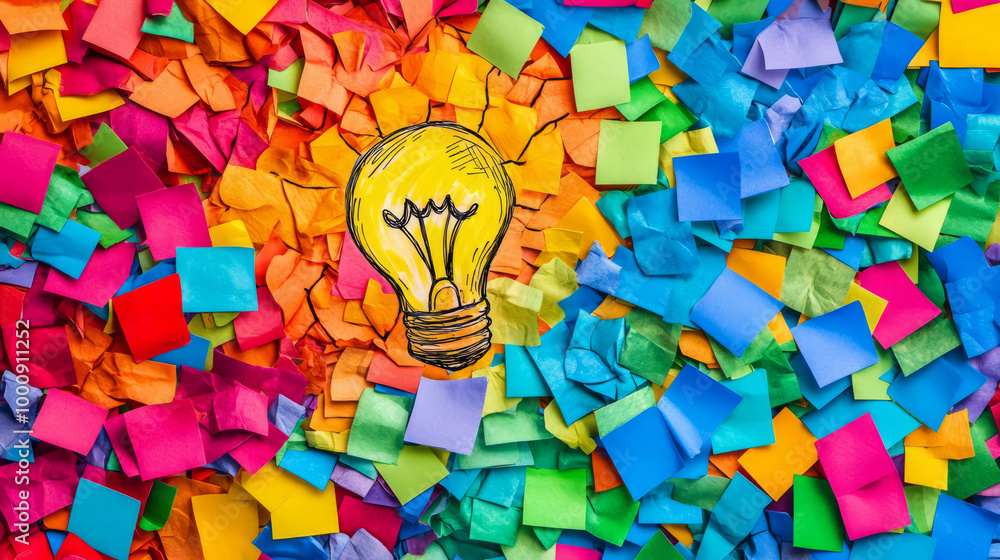 Poster a vibrant array of colorful sticky notes surrounds a light bulb sketch, symbolizing creativity and i