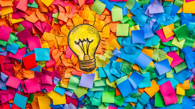 A vibrant array of colorful sticky notes surrounds a light bulb sketch, symbolizing creativity and idea generation.