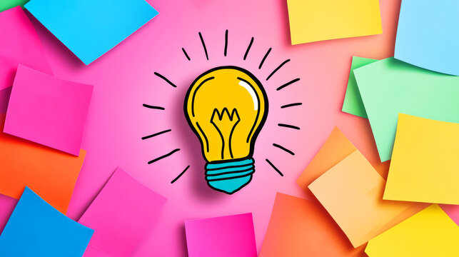 A colorful background of sticky notes surrounds a cartoon light bulb, symbolizing bright ideas and creativity.