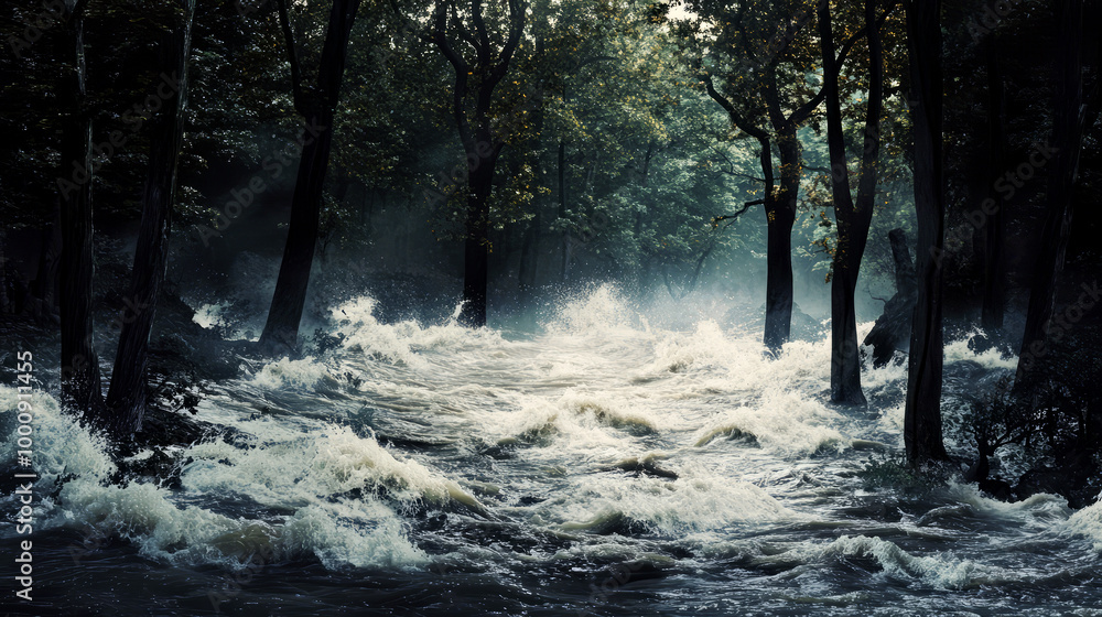 Poster A serene yet tumultuous scene of rushing water flowing through a forest, with trees partially submerged, creating an atmospheric and dramatic landscape.
