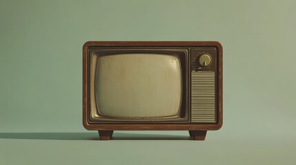 A vintage television set with a blank screen in front of a green background.