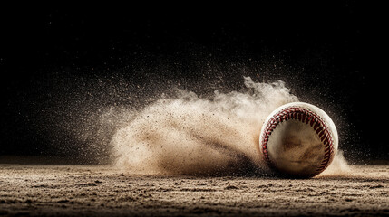 A baseball rolls through sand, kicking up dust against a dark backdrop, capturing a dynamic moment in the sport.