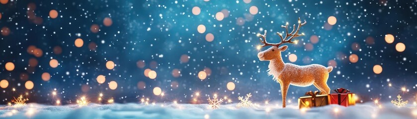 Christmas reindeer under twinkling fairy lights, snowy background, 3D illustration