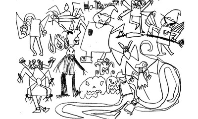 Child drawn, set of Halloween doodle icon from hand drawing style of black line on white background ghost, spider, pumpkin