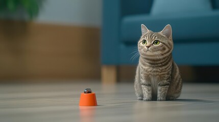 Cat interacting with clicker, pet training tools, 3D illustration