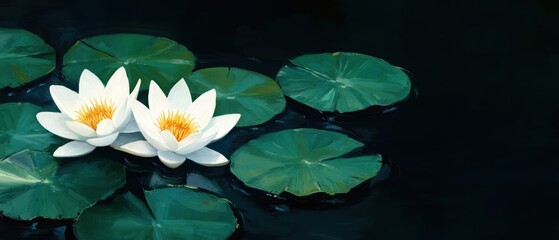 Water Lily Flowers on Pond Surface  Watercolor Painting