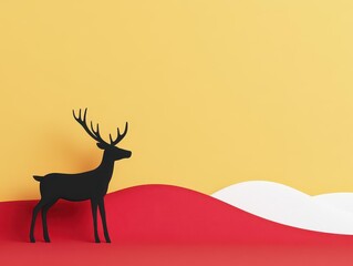 Black reindeer silhouette against a red snowy landscape, 3D illustration
