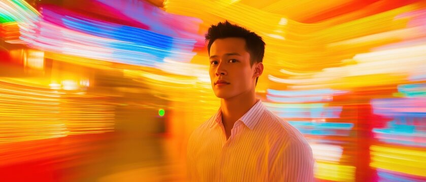 A young man stands still amid colorful, swirling lights, creating a dynamic contrast that captures motion and vibrancy.