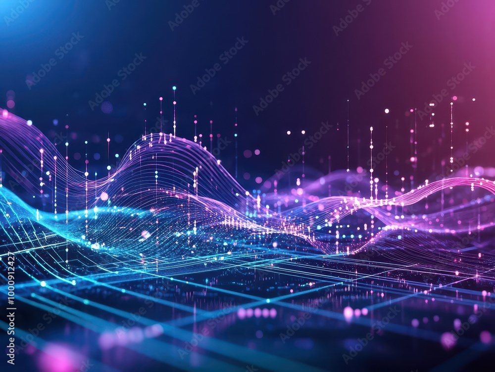 Poster abstract tech waves, flowing data streams, vibrant colors, dark digital scene