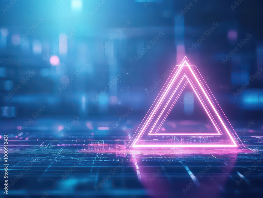 Poster abstract neon triangle, floating in digital hologram space, futuristic geometric design