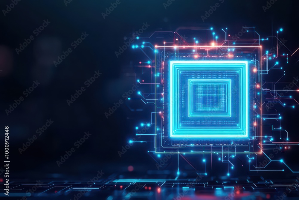 Aufkleber abstract square with glowing circuits inside, neon blue light, dark tech background, minimal design,