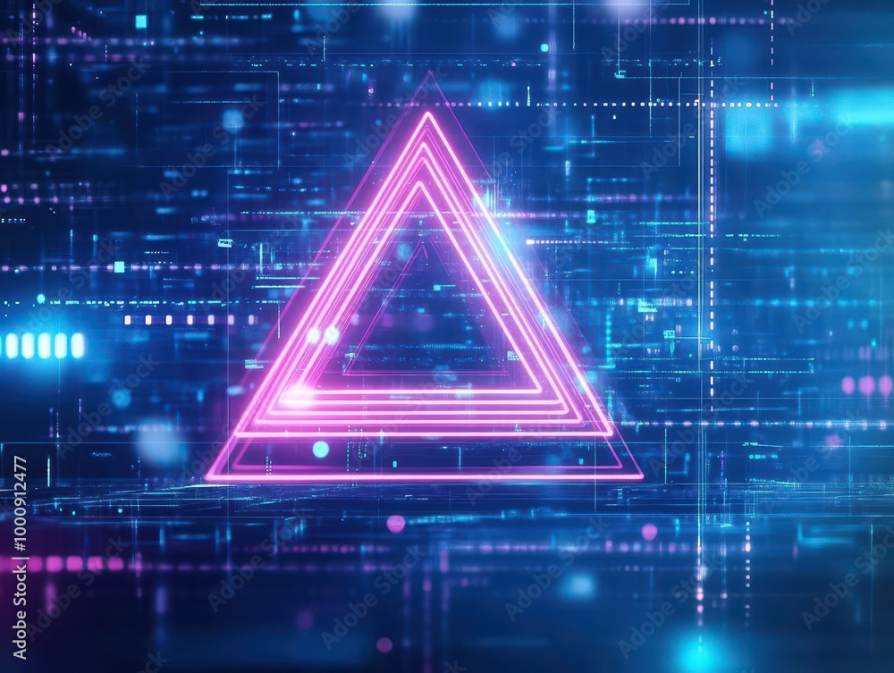 Poster abstract neon triangle, floating in digital hologram space, futuristic geometric design
