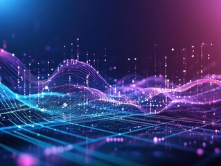 Abstract tech waves, flowing data streams, vibrant colors, dark digital scene