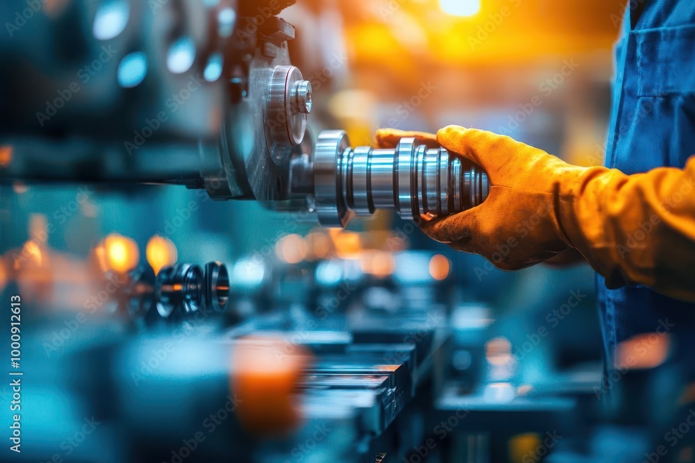 Poster a worker operating a lathe machine, shaping a metal part with precision, lathe machining, metalworki