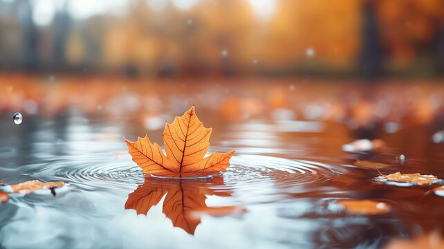 A close-up view of an orange maple leaf floating on calm water, surrounded by autumn foliage, with gentle ripples creating a serene atmosphere, evoking tranquility and seasonal bea