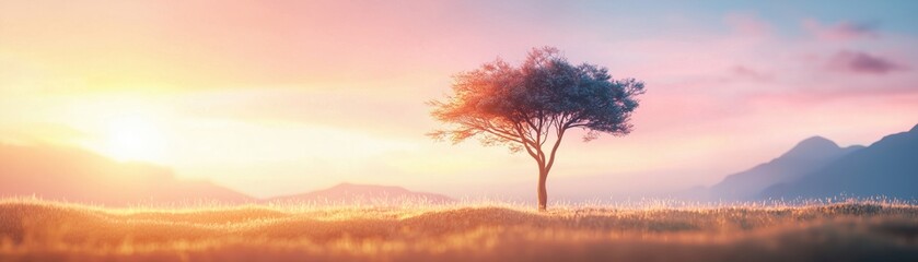 Obraz premium A serene landscape featuring a solitary tree under a vibrant sunset, with soft grassy fields and misty mountains in the background, creating a peaceful atmosphere.