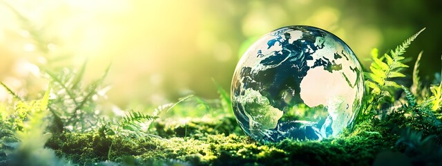A glass globe rests on green moss, surrounded by lush plants and sunlight filtering through the leaves