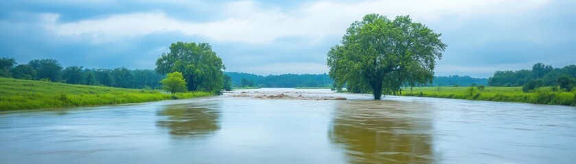 A muddy river swollen from heavy rain, surging over its banks and flooding nearby land, flooded river, overflowing waters