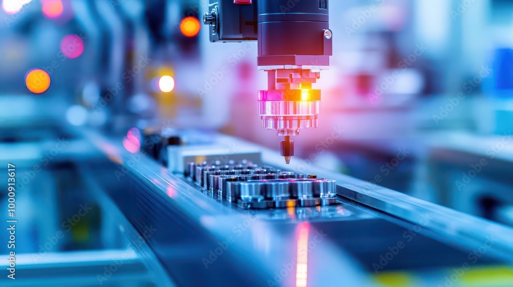 Poster a hightech factory with automated machines producing precision parts, hightech factory, automated pr