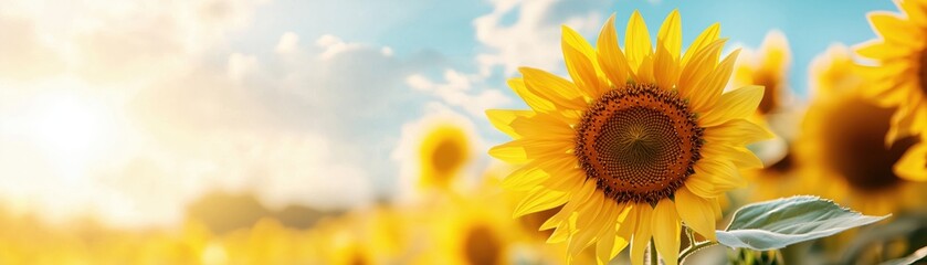 Obraz premium A vibrant sunflower standing tall in a bright field, illuminated by warm sunlight. The blue sky enhances the beauty of nature, symbolizing happiness and summer.