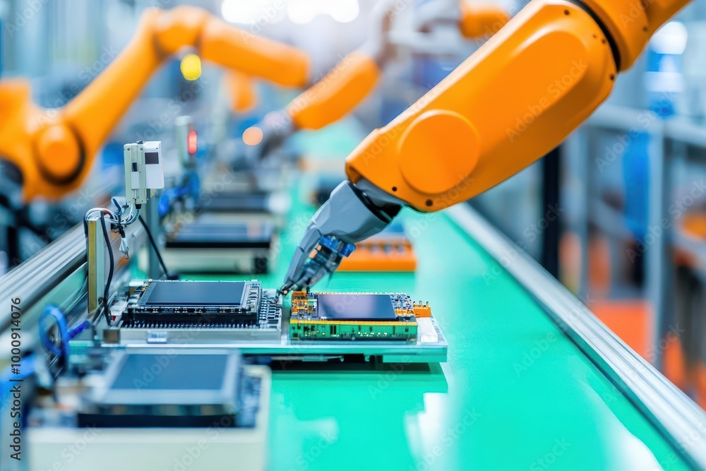 Poster a factory assembly line with robotic arms assembling electronic devices, robotic assembly, automated
