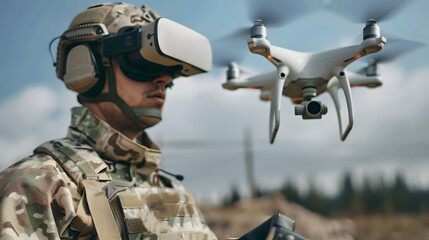 A military man in virtual glasses controls an fpv drone. Neural network AI generated art