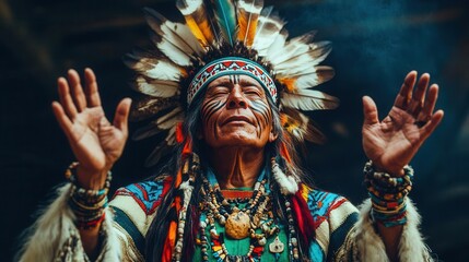 Fototapeta premium Indigenous man in ceremonial attire, hands raised, vibrant colors