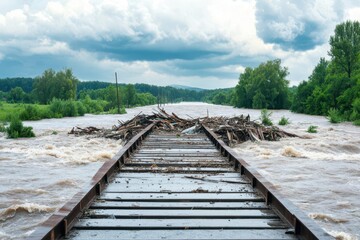Fototapeta premium A bridge collapsing under the weight of fastmoving floodwaters, debris piling up as the river rises, bridge collapse flood, flood destruction