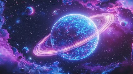 Fototapeta premium A vibrant planet with glowing rings floats in a cosmic nebula, surrounded by stars and shimmering light orbs.