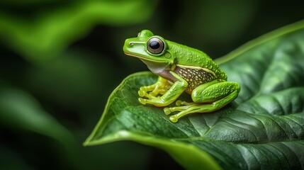 Naklejka premium Single Green Frog on Leaf in Minimalist Style
