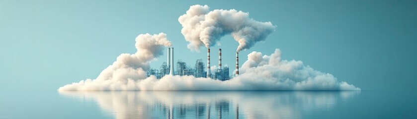 Industrial landscape with smoke clouds against blue sky