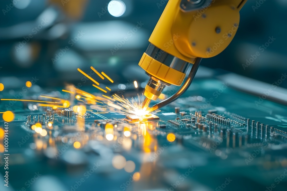 Poster close-up shot of a robotic arm carefully and meticulously soldering a complex circuit board,with spa