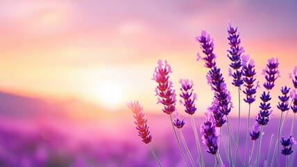 Fototapeta premium Vibrant lavender flowers basking in the warm glow of sunset, creating a calming and serene atmosphere in a picturesque landscape.