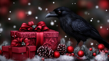 Fototapeta premium raven with Christmas presents, gothic, with sparkling snow, watercoour wash