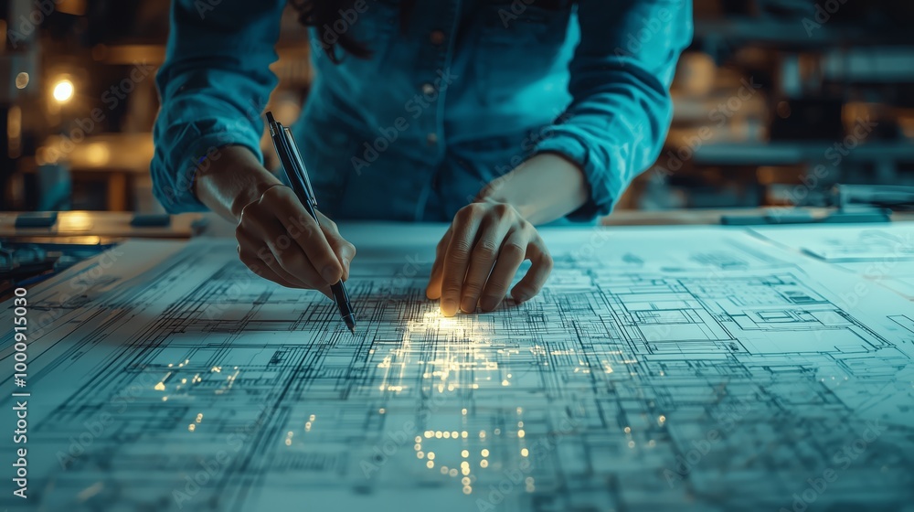 Poster analyzing architectural blueprints with precision