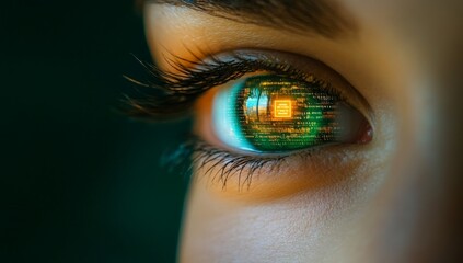 Close-up of a futuristic digital interface reflected in human eye
