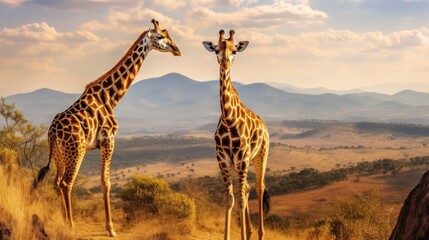 Obraz premium Two Giraffes on a Hilltop at Sunset in Africa