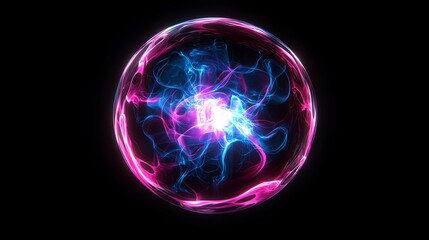 A glowing sphere with pink and blue electric currents.