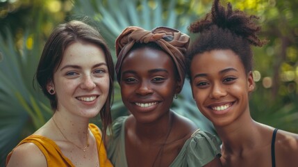 Friendly young women from different ethnic backgrounds, smiling warmly and standing closely together