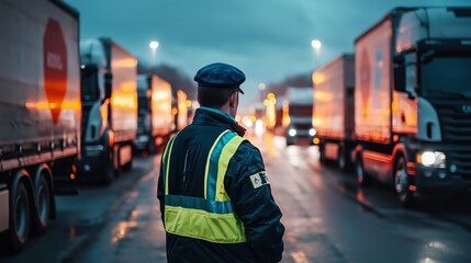 Customs Officer Monitoring Trucks at Border Checkpoint