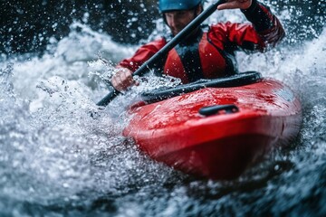 Naklejka premium Kayaker navigating rapid waters in vibrant red kayak.