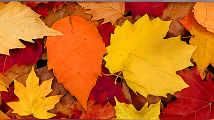 Intricate Mosaic of Autumn Leaves in Close-Up: A Vivid Tapestry of Bright Red, Yellow, Green, and Orange Hues with Swirled Edges and Veins, Celebrating Nature's Beauty and Seasonal Transition 