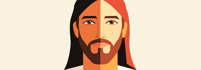 flat illustration of Jesus Christ, minimalistic style, neutral background, portrait view, symmetrical face., copy space for text