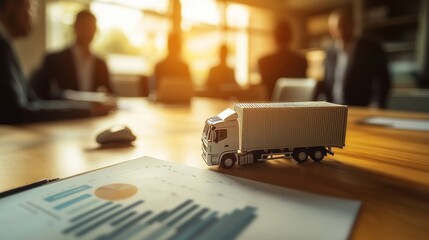 Investment in Logistics - A detailed financial chart and miniature logistics models on a meeting table, representing investment discussions and planning for the transportation industry.
