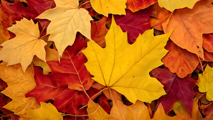 Fototapeta premium Intricate Mosaic of Autumn Leaves in Close-Up: A Vivid Tapestry of Bright Red, Yellow, Green, and Orange Hues with Swirled Edges and Veins, Celebrating Nature's Beauty and Seasonal Transition 